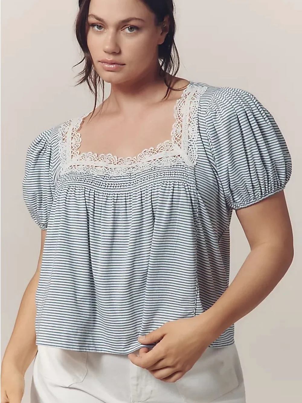 Anthro Maeve Square Neck Puff Sleeve Stripe Swing Tee - Picture 6 of 7